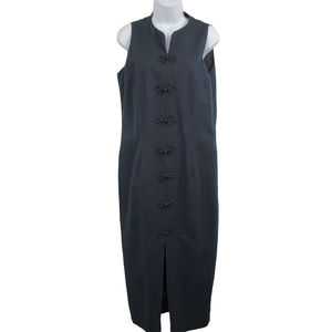 Adrianna Papell Linen Blend Sleeveless Front Adornment Buttons Black Dress